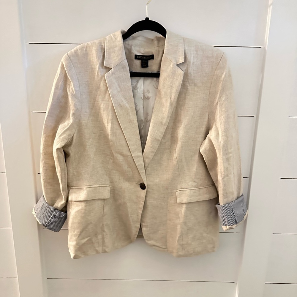BRITTISH KHAKI XL Woman tan cotton-linen blue stripe cuff button blazer corpcore